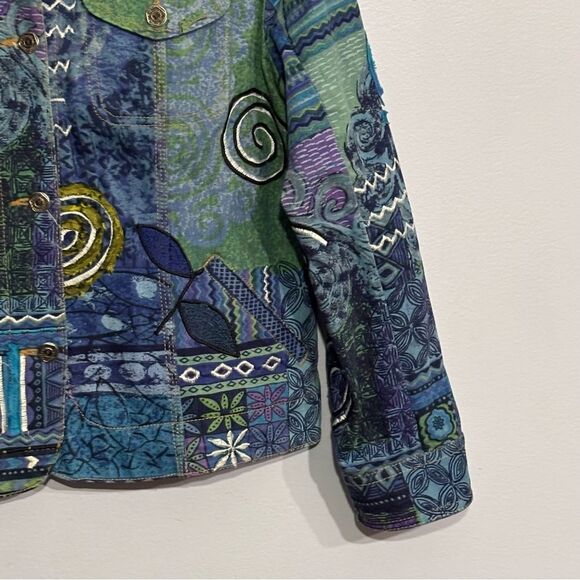 Chico’s | Women’s Mixed Artisan Blue Green Denim Jacket Coat - Picture 6 of 16